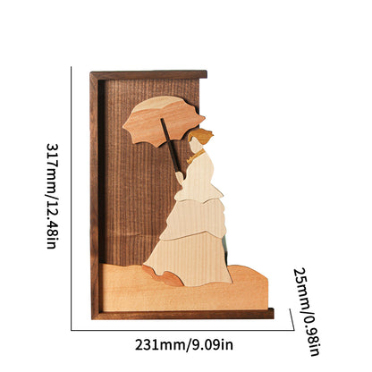 Wooden Collage of a Woman Holding an Umbrella