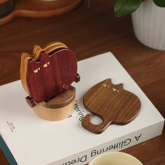 Cute Wooden Cat-Shaped Coasters That Protect Against Heat