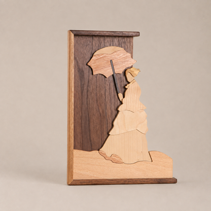 Wooden Collage of a Woman Holding an Umbrella