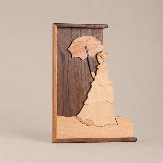 Wooden Collage of a Woman Holding an Umbrella