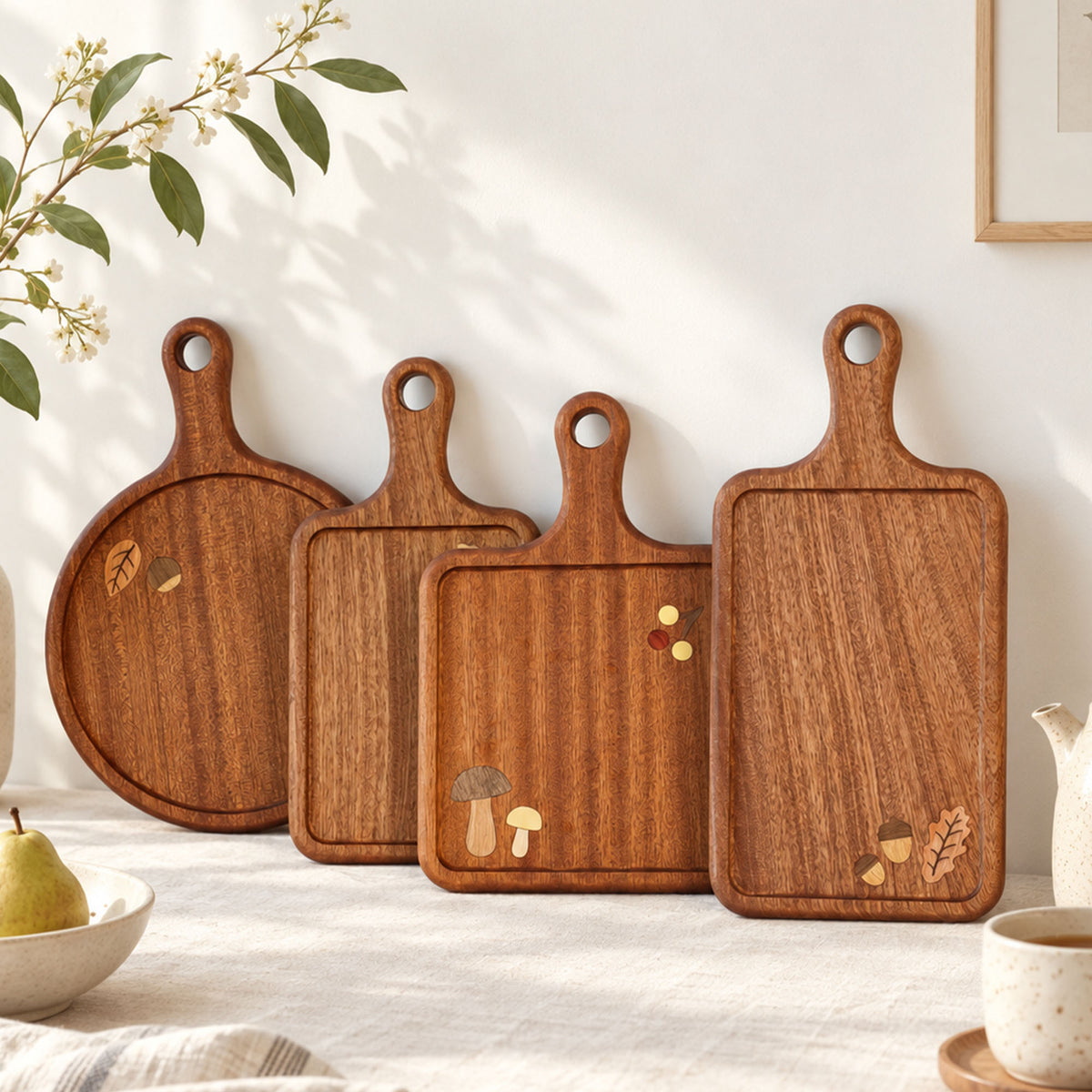Four botanical wooden serving boards arranged on a kitchen counter