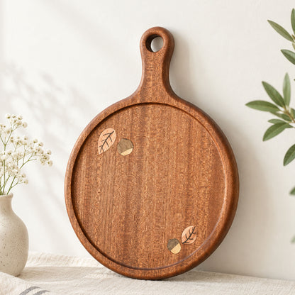 Round botanical inlay wooden serving board