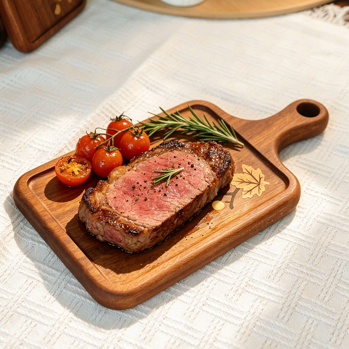 Botanical wooden serving board shown with a meal