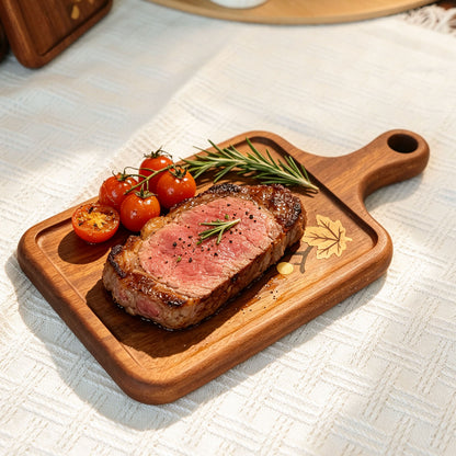 Botanical wooden serving board shown with a meal