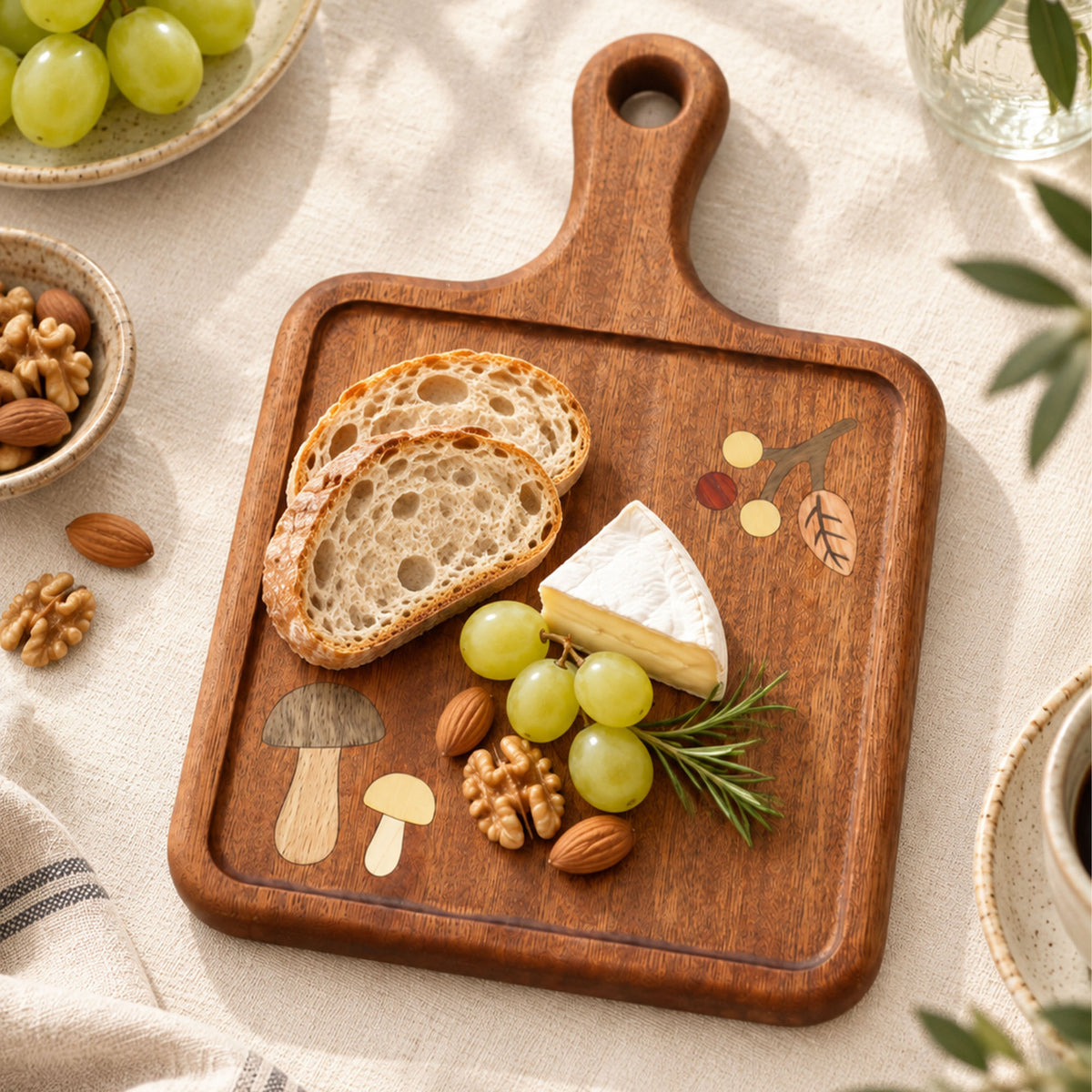 Mushroom inlay wooden serving board with bread and fruit