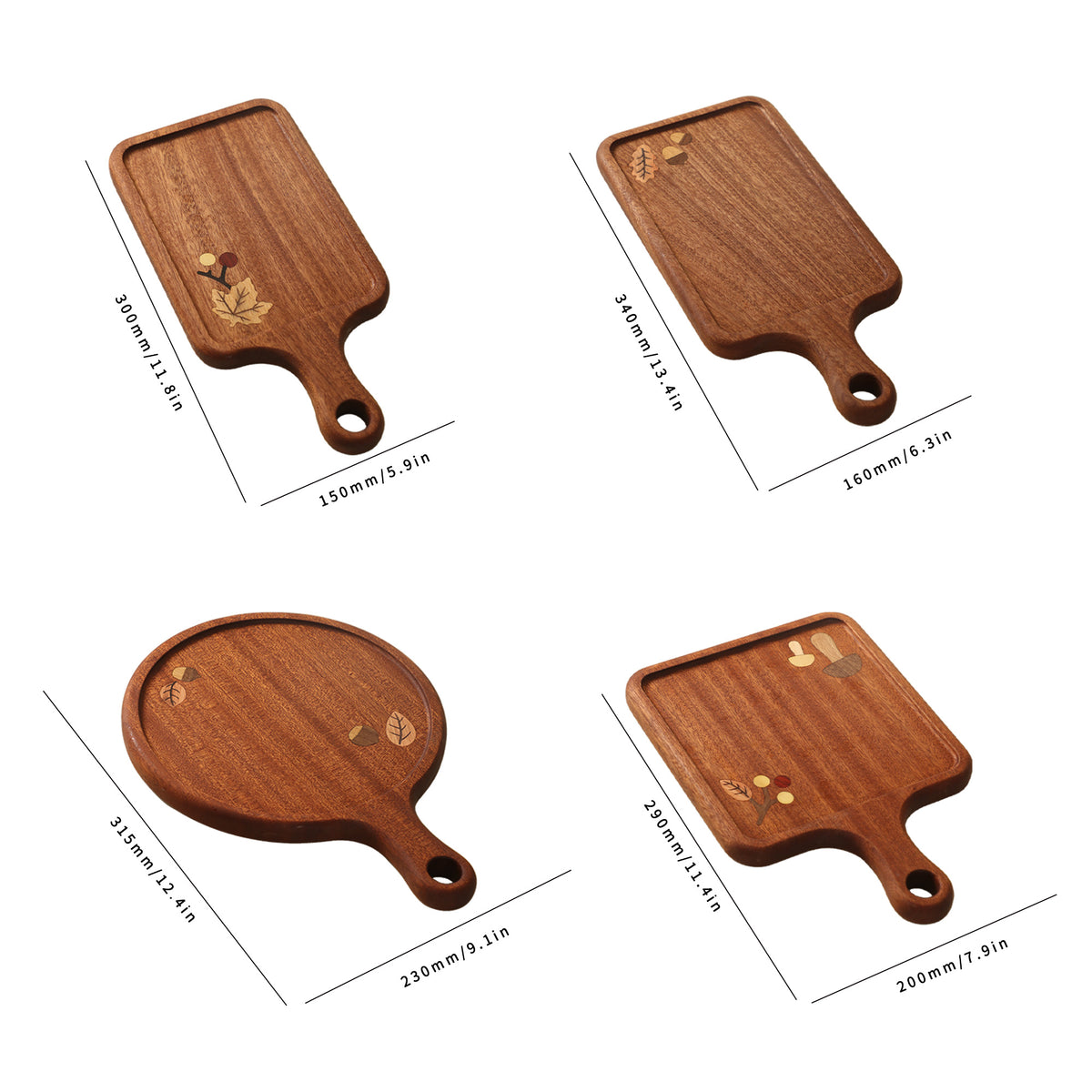 Size guide for four wooden serving board styles