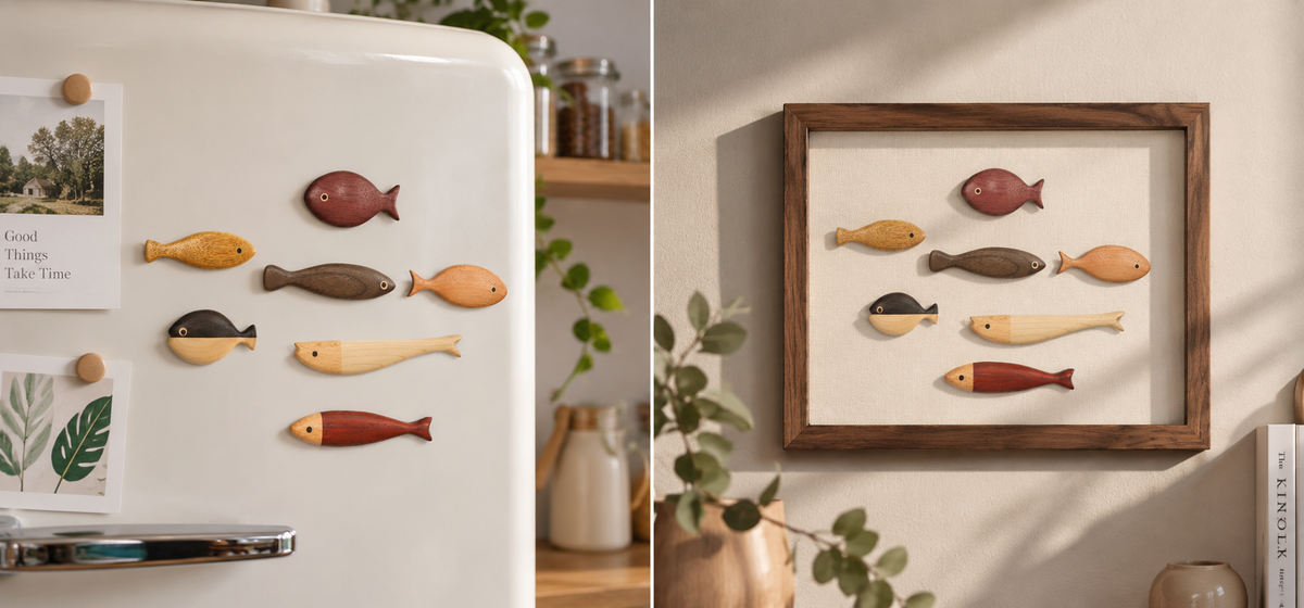 “Abundance of Fish Every Year” Set of 7 Wooden Fridge Magnets — product detail