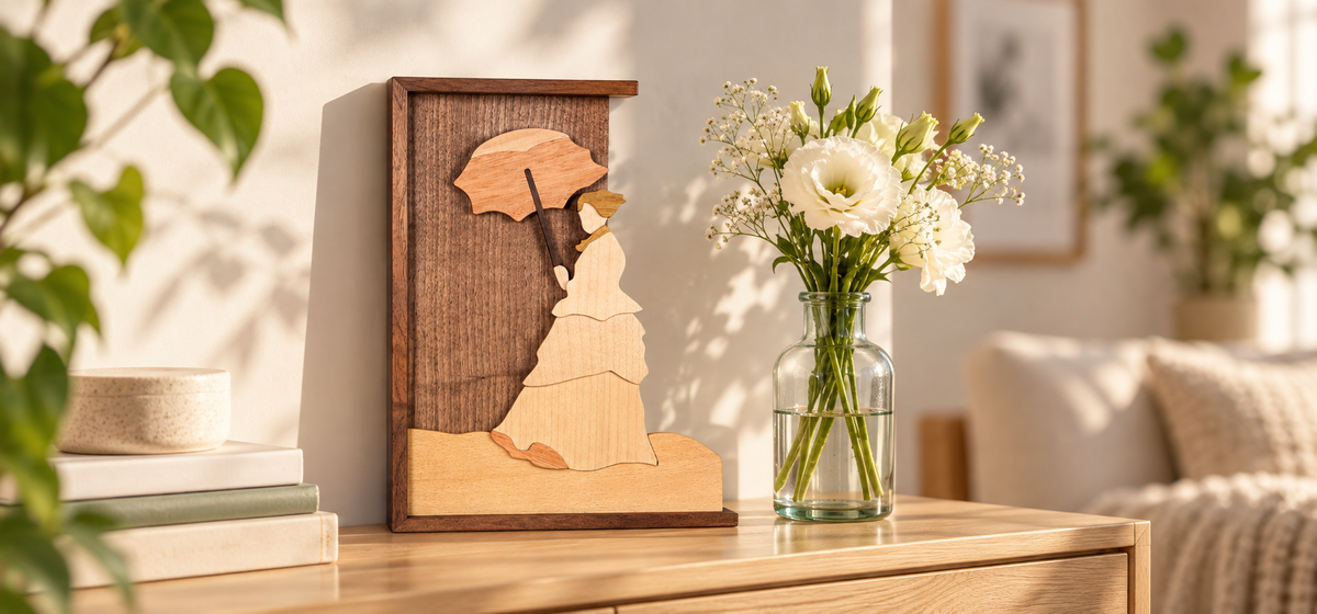 Wooden Collage of a Woman Holding an Umbrella — product detail